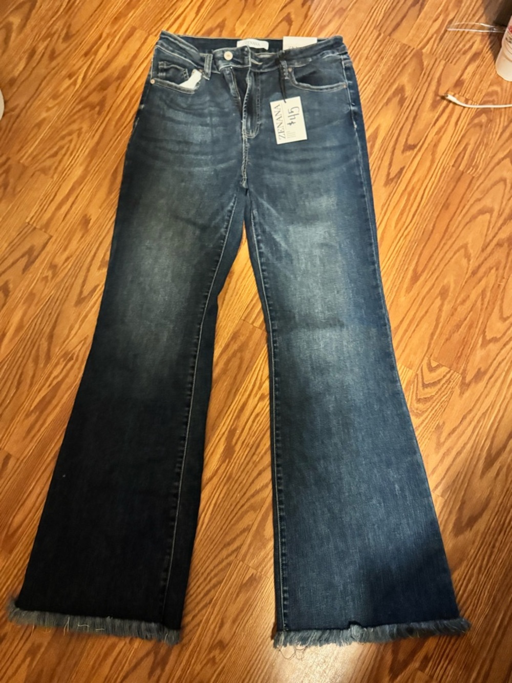 Zenana Outfitters Dark Blue Flare Jeans with Raw Hem